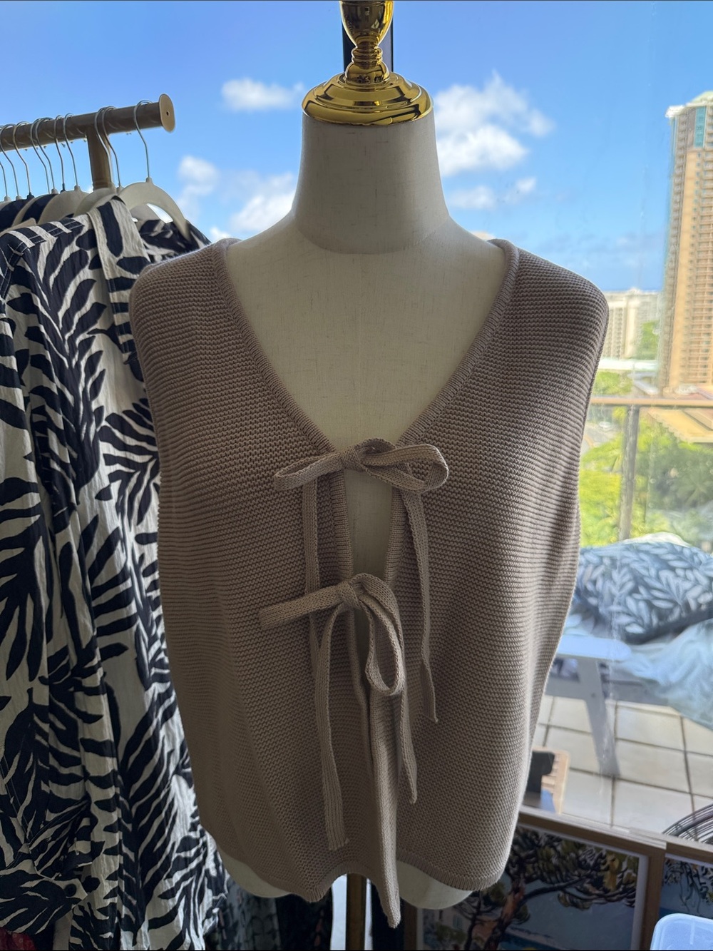 Zenana Outfitters Taupe Knit Tie-Front Vest